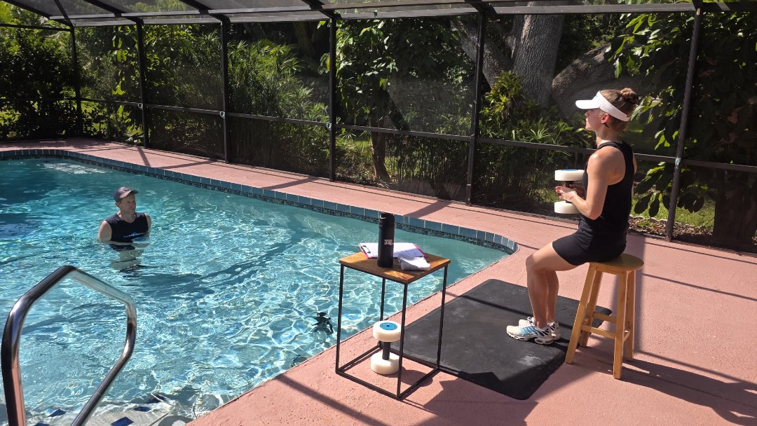 Jenni Lynn filming Siver Wave Warriors for the Poolfit App