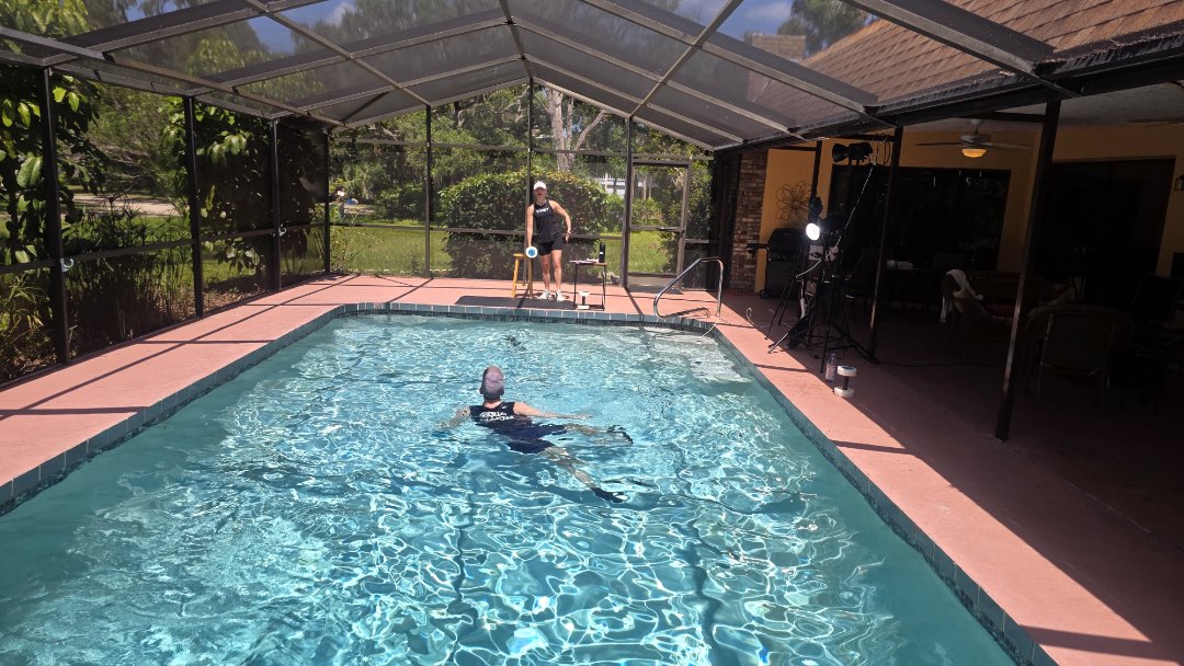 Filming a new Fitmotivation video for aquatic fitness instructors, Single Buoy Burn with Jenni Lynn. 