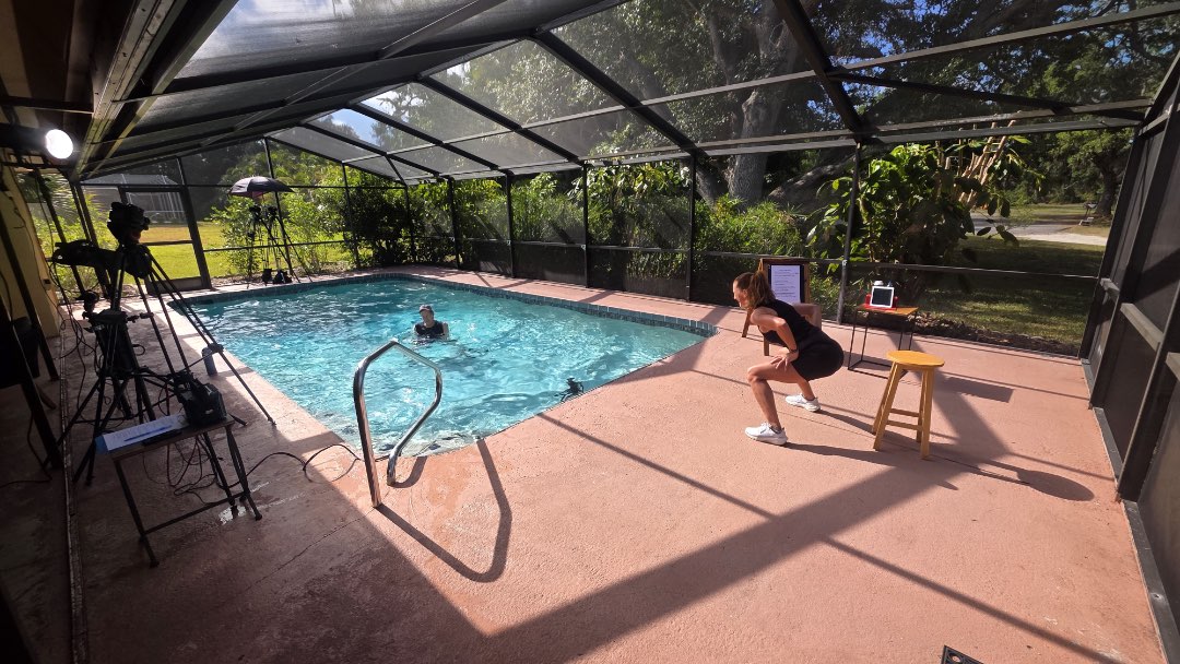 Filming Aqua Fight Club, for Fitmotivation.com, a water fitness instructor video-on-demand site.