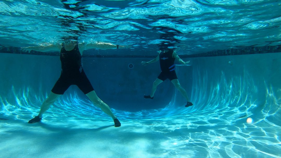 Filming Choose Your Current for the Poolfit App, where participants pick their preferred pool depth.