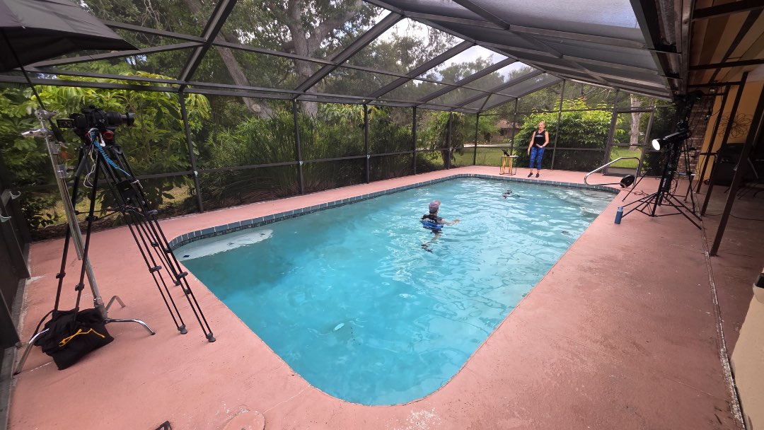 Filming a new deep water aquatic fitness instructor video for Fitmotivation On-Demand Aqua Videos.