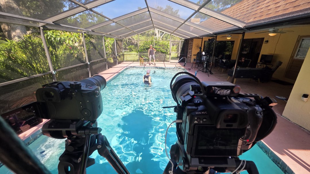 Shallow water exercise video being filmed for Fitmotivation.com
