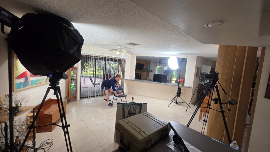 Filming a 20-minute at-home joint tune-up and muscular stretch for the Poolfit app