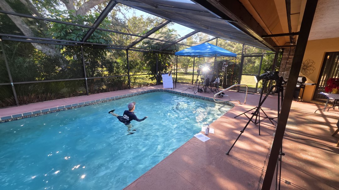 Filming 20 minutes of arthritis exercises and muscle stretches for aquatic fitness classes.