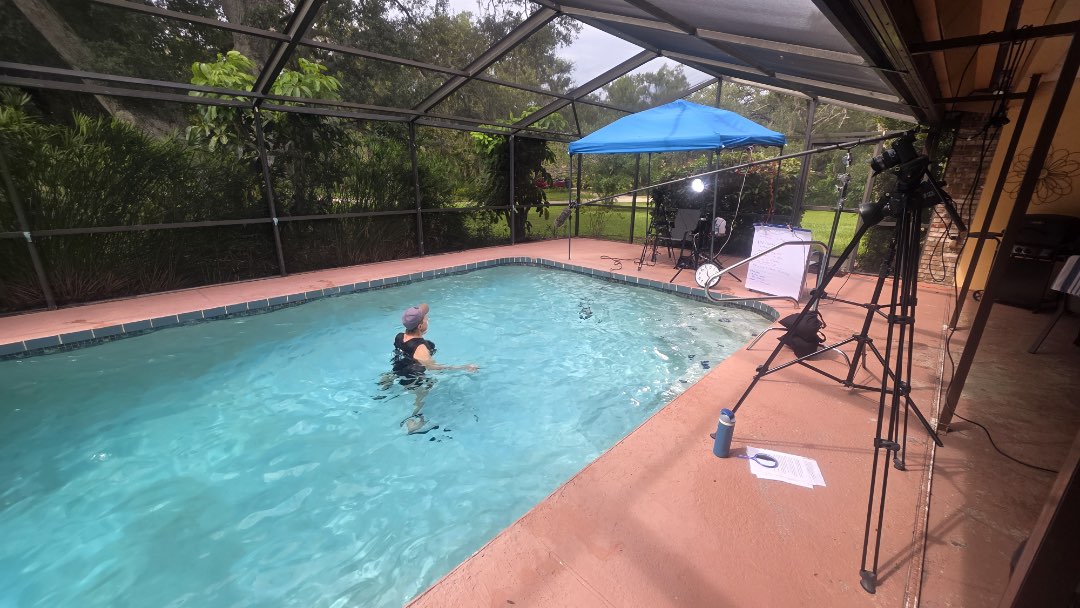 Fliming a cardio pool workout, The Multiplier, a fun rep challege, for the Poolfit app.