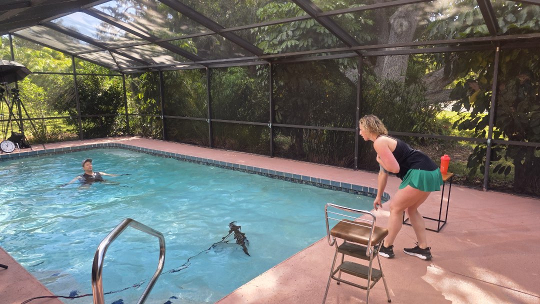 Filming Deep Pyramids, an aquatic fitness instructor video, for Fitmotivation.