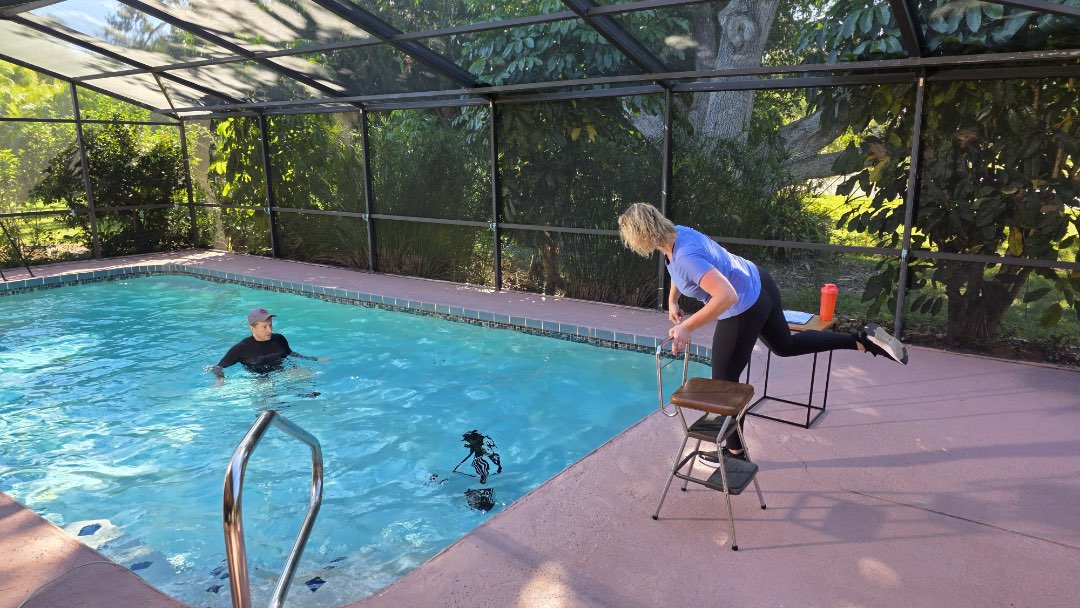 Filming a new video for Fitmotivation Aqua Instructor site, Joint Friendly High Low.