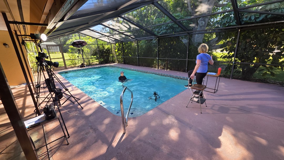 Filming the water exercise video, Joint Friendly High Low, for the Poolfit app.