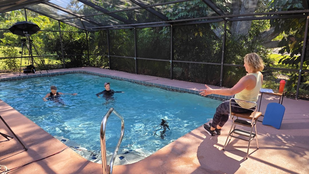 Filming a 50-minute water exercise interval class for both Fitmotivation and Poolfit.