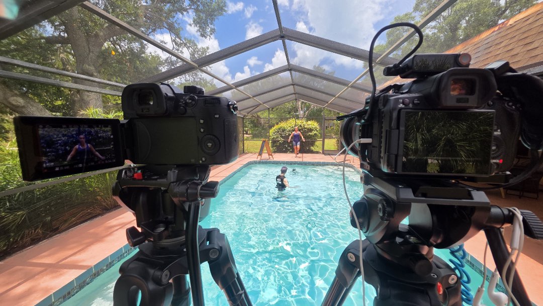 Filming a neurobic brain and body challenge for the Poolfit app.