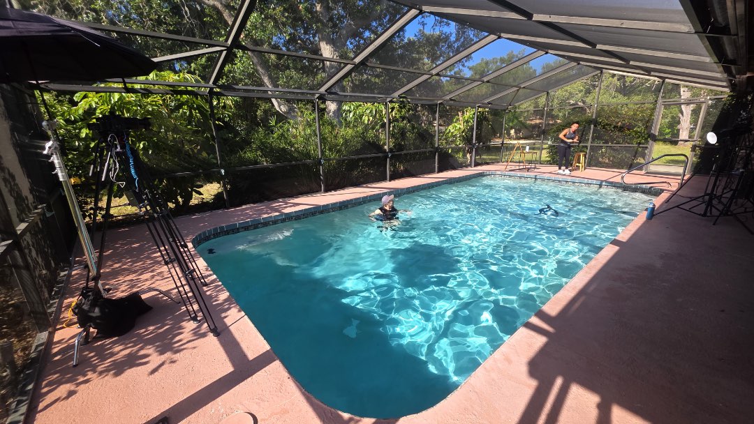 Filming a deep water workout, Deep Wall Intervals, for Fitmotivation, a video-on-demand instructor platform.