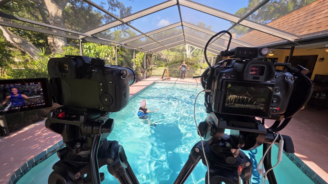 Filming Deep Wall Intervals, a 45 minute pool workout for the Poolfit App.