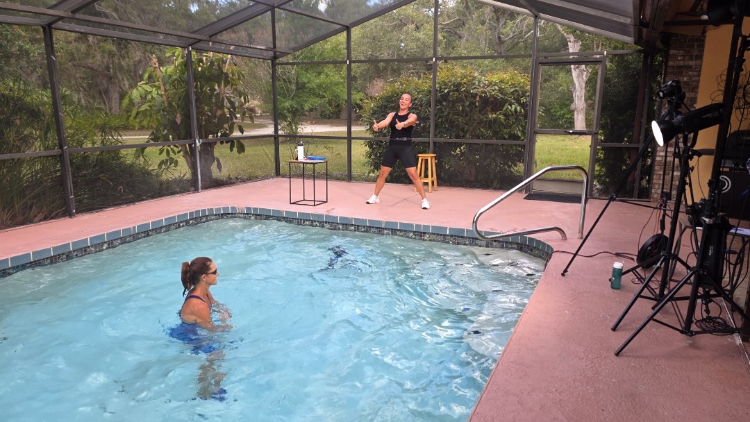 Filming a water exercise video, Water Combat, for the Poolfit App
