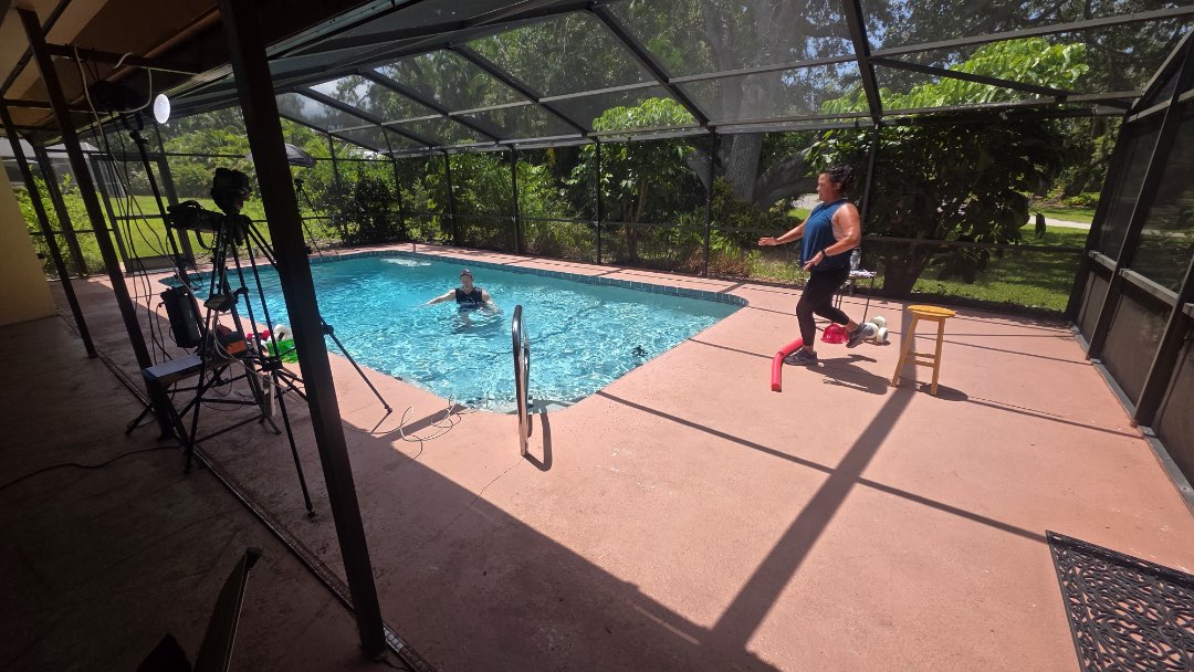 The aquatic fitness instructor video, CorDio, being filmed for Fitmotivation.