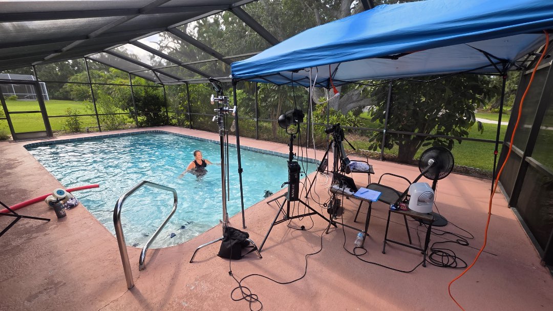 Filming a new video, Aqua Pilates Flow, for the Fitmotivation Aqua Instructor Video-On-Demand platform.
