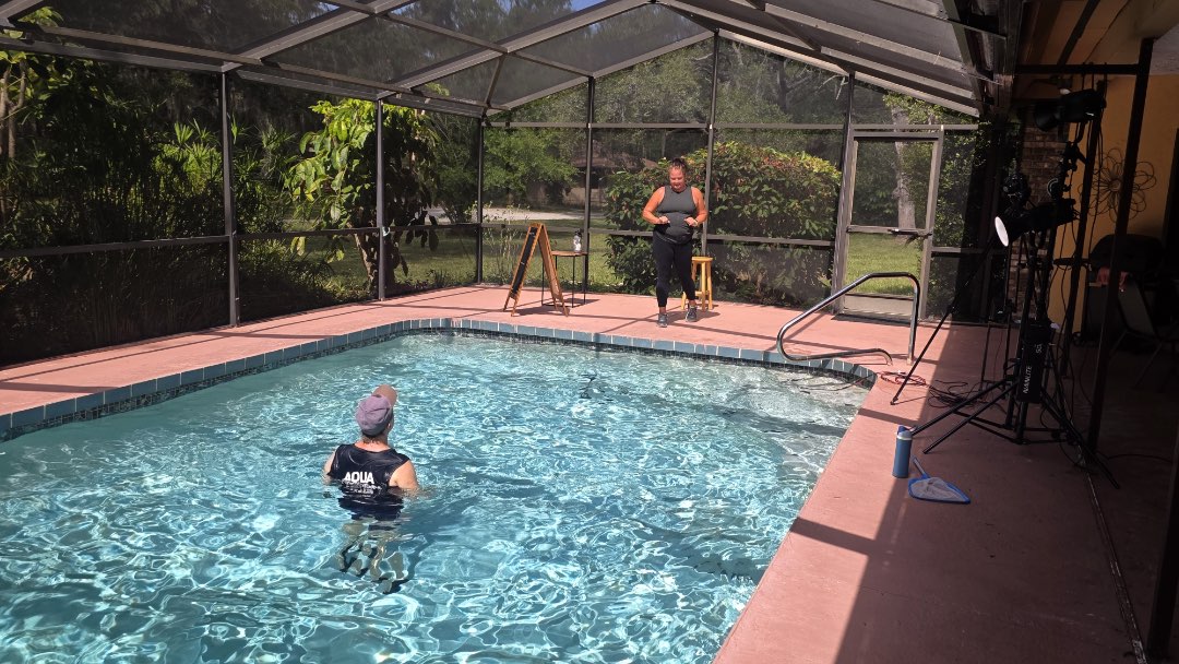 Filming an aqua Tabata aquatic fitness instructor video for Fitmotivation.