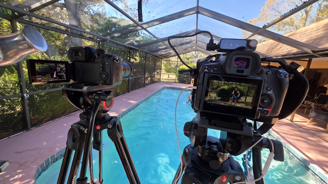 Richard Gormley filming an aqua choreography class for Fitmotivation.com.