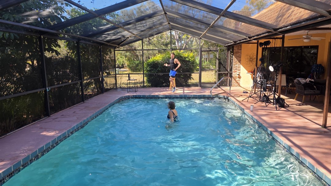 Filming a shallow water aerobic video for the Poolfit App.