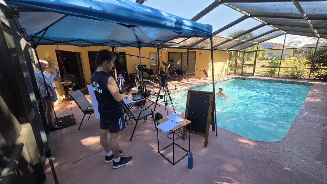 Filming a 20-minute Aqua HIIT workout for the Fitmotivation aqua instructor video-on-demand platform.