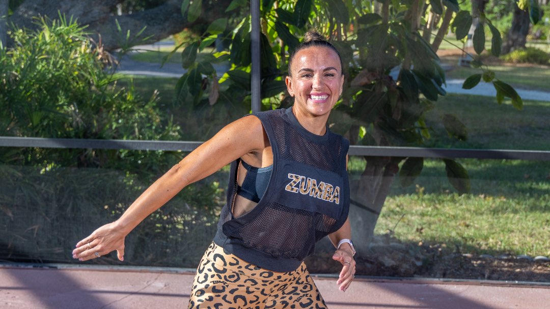 Maria Teresa Stone filming a special Aqua Zumba collab video with Poolfit.