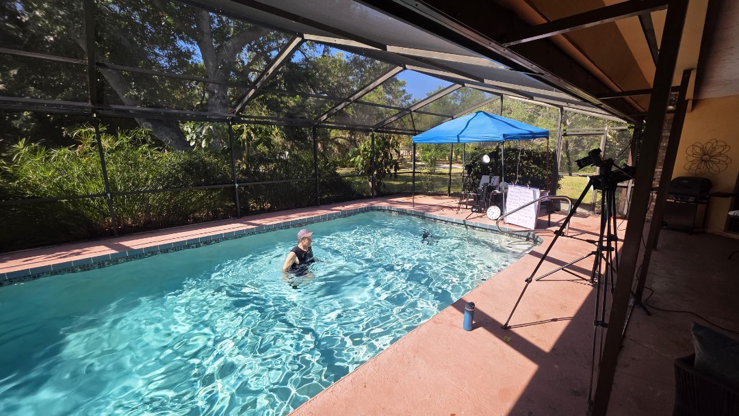 Filming water exercise video, Total Body Cardio Express, for the Poolfit App.