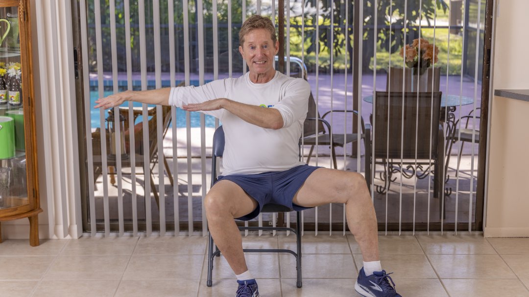 Mark shares an intermediate to advanced chair workout, Up Down Chair Exercise, on the Poolfit App