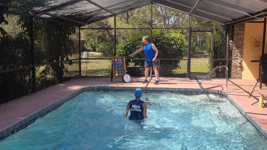 Filming a color themed aqua class for Fitmotivation, a video-on-demand platform for water fitness instructors.