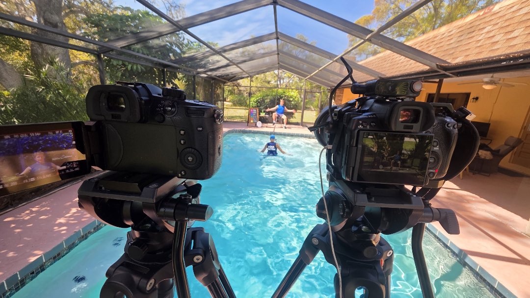 Filming a fun color themed cardio water workout for the Poolfit App